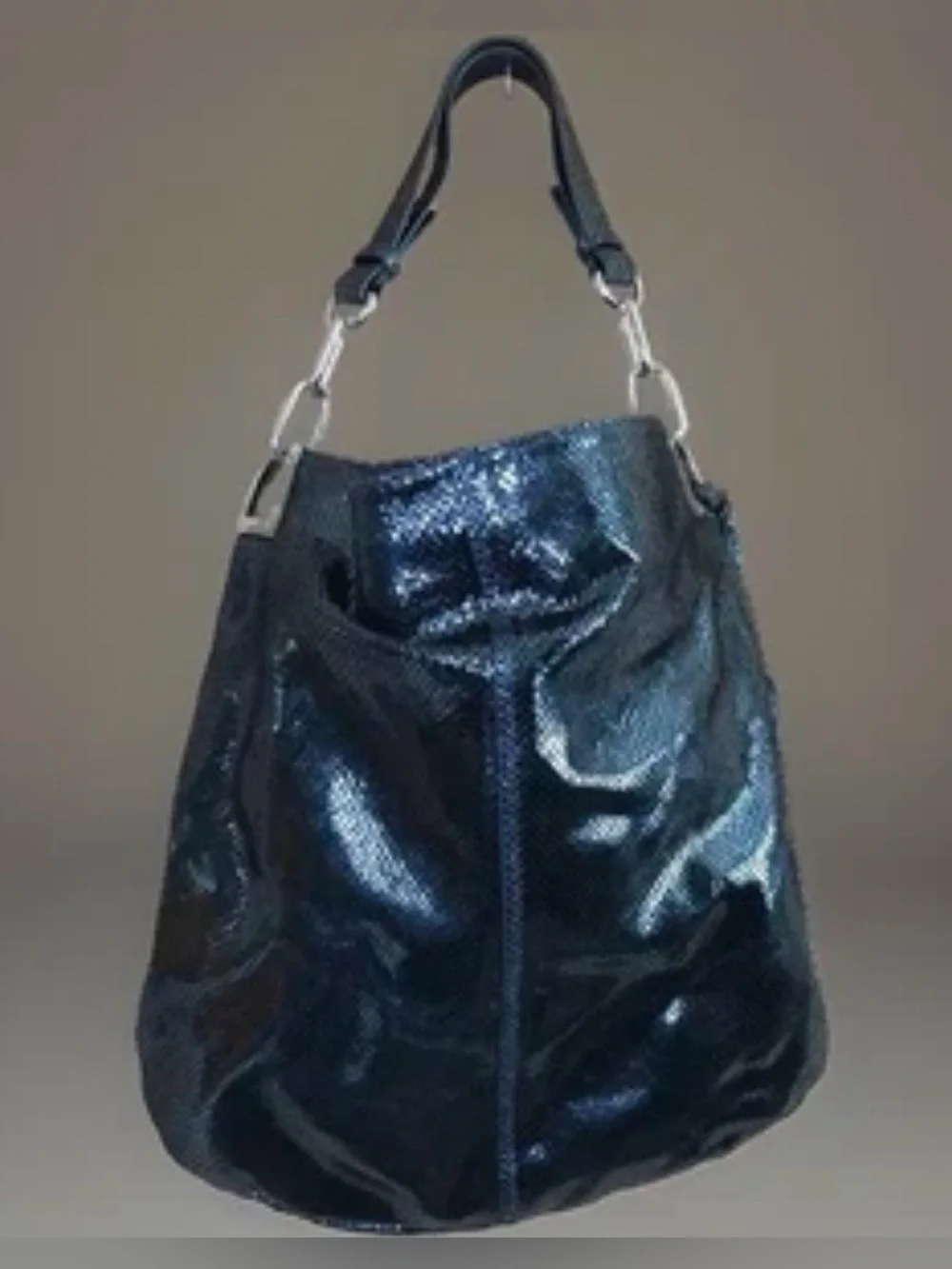 Badgley Mischka Leather Satchel Blue Black Iridescent Bag Snake Skin Style Tote